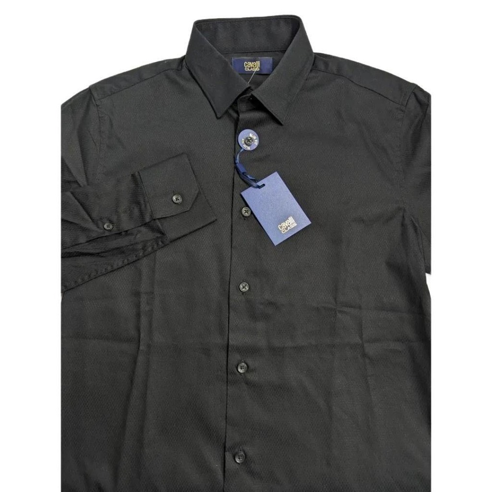 Cavalli Class Men's Black Button Down Shirt Textured Long Sleeve 15 Slim Fit NWT